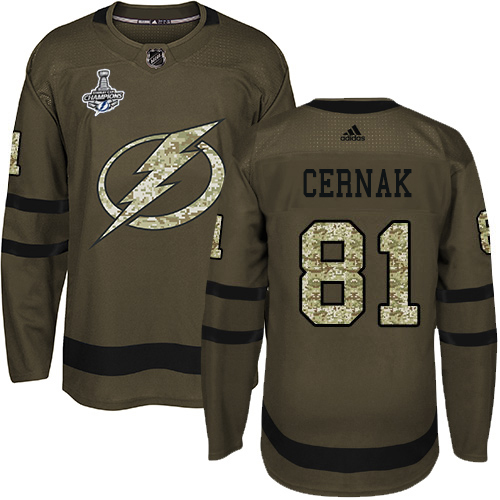 Men Adidas Tampa Bay Lightning #81 Erik Cernak Green Salute to Service 2020 Stanley Cup Champions Stitched NHL Jersey